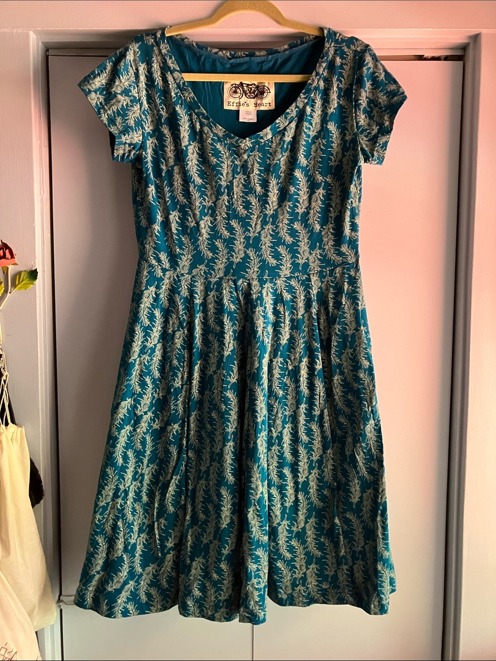 Effie's Heart SADIE Teal Short-Sleeve V-Neck Rosemary Print Dress L Pockets!